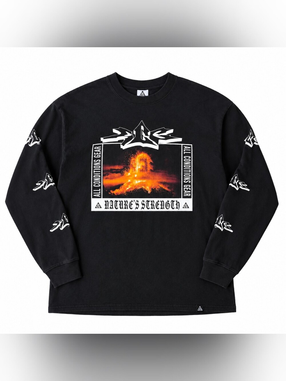 Nike ACG Shirt Mens Med Black Natures Strength Long Sleeve Volcano Graphic